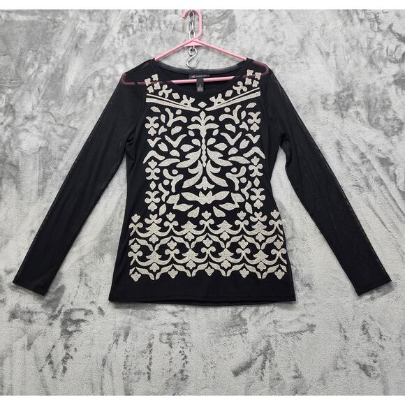 INC International Concepts Top Women M Black Embroidered Double Layer Sheer Mesh - Picture 1 of 8